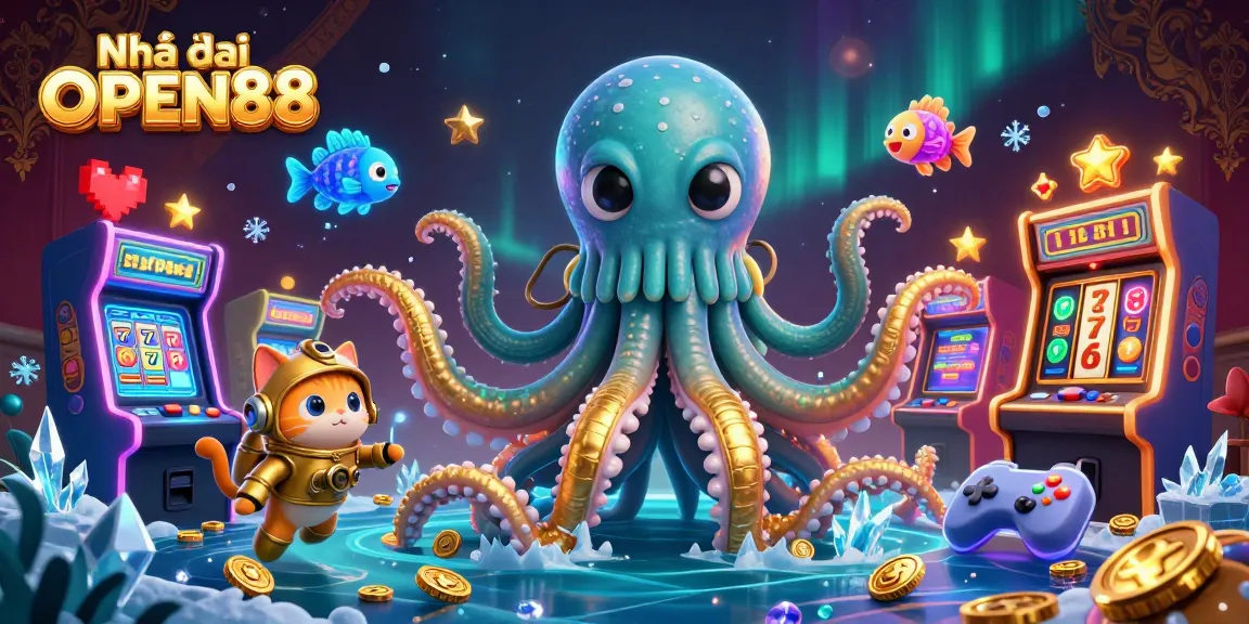 Experience thrilling slots with Nhà cái OPEN88 as a giant kraken emerges from an ocean of treasures.