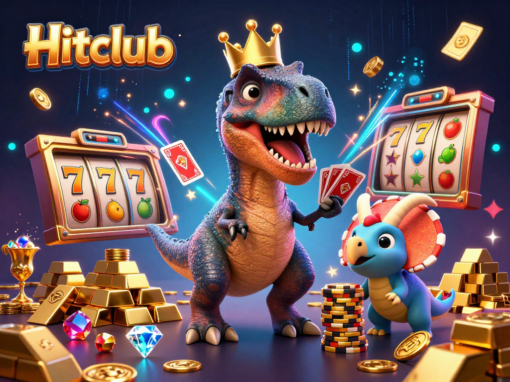 Hitclub offers an exciting casino experience with T-Rex shuffling cards and vibrant slot elements.