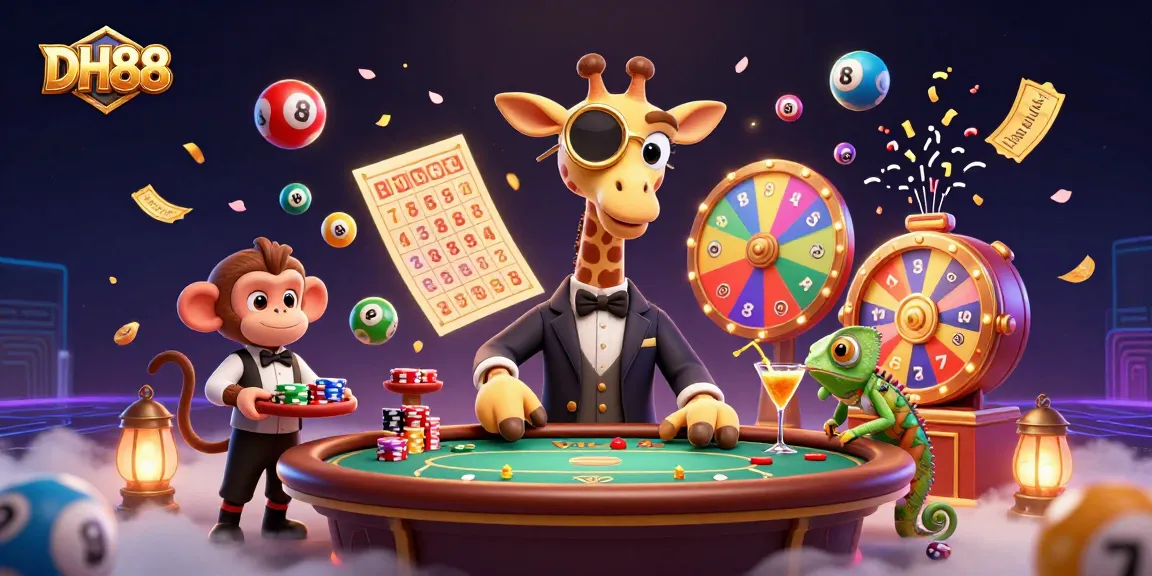 Experience the thrill of DH88 with a joyful giraffe and colorful gaming elements in lively casino scene.