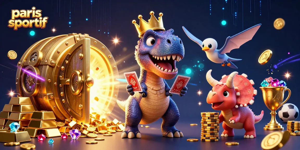 Le T-Rex amusant en train de jouer aux cartes dans un décor de paris sportif, avec des éléments de casino scintillants.