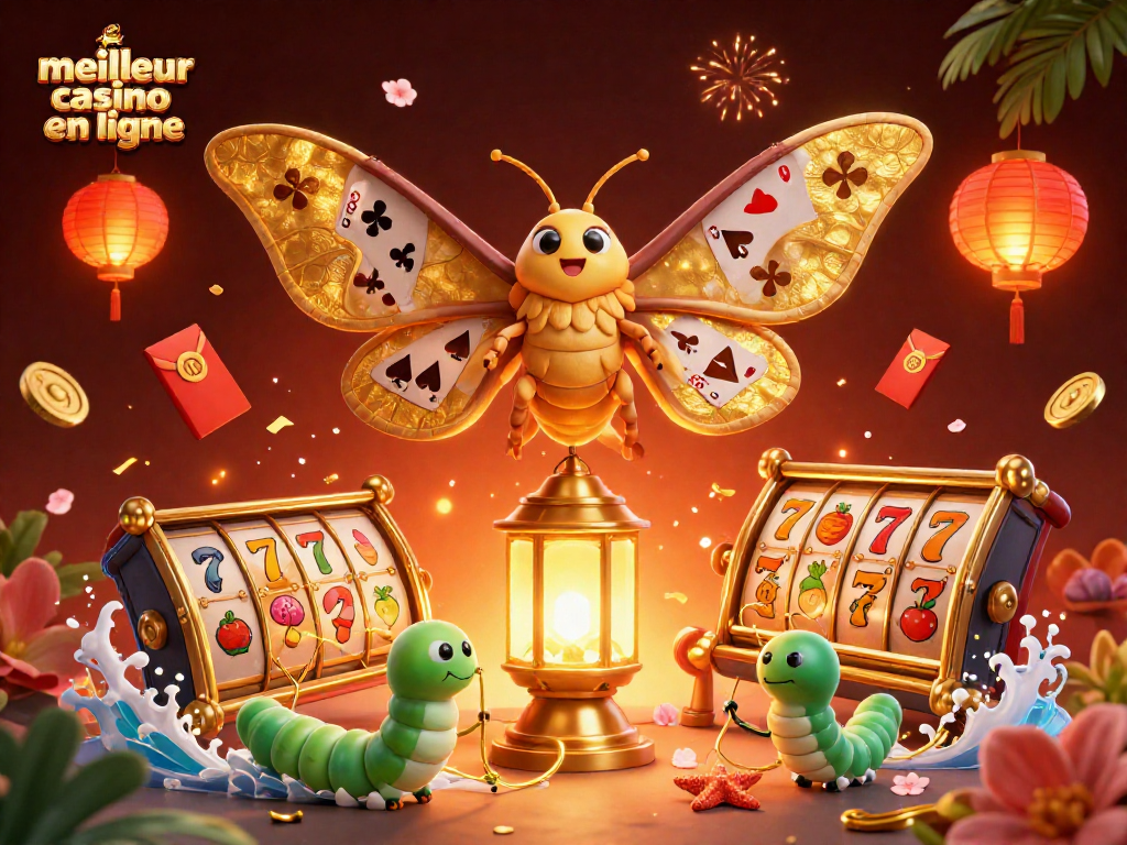 Vivez l'expérience du meilleur casino en ligne avec des machines à sous dorées et un papillon majestueux.